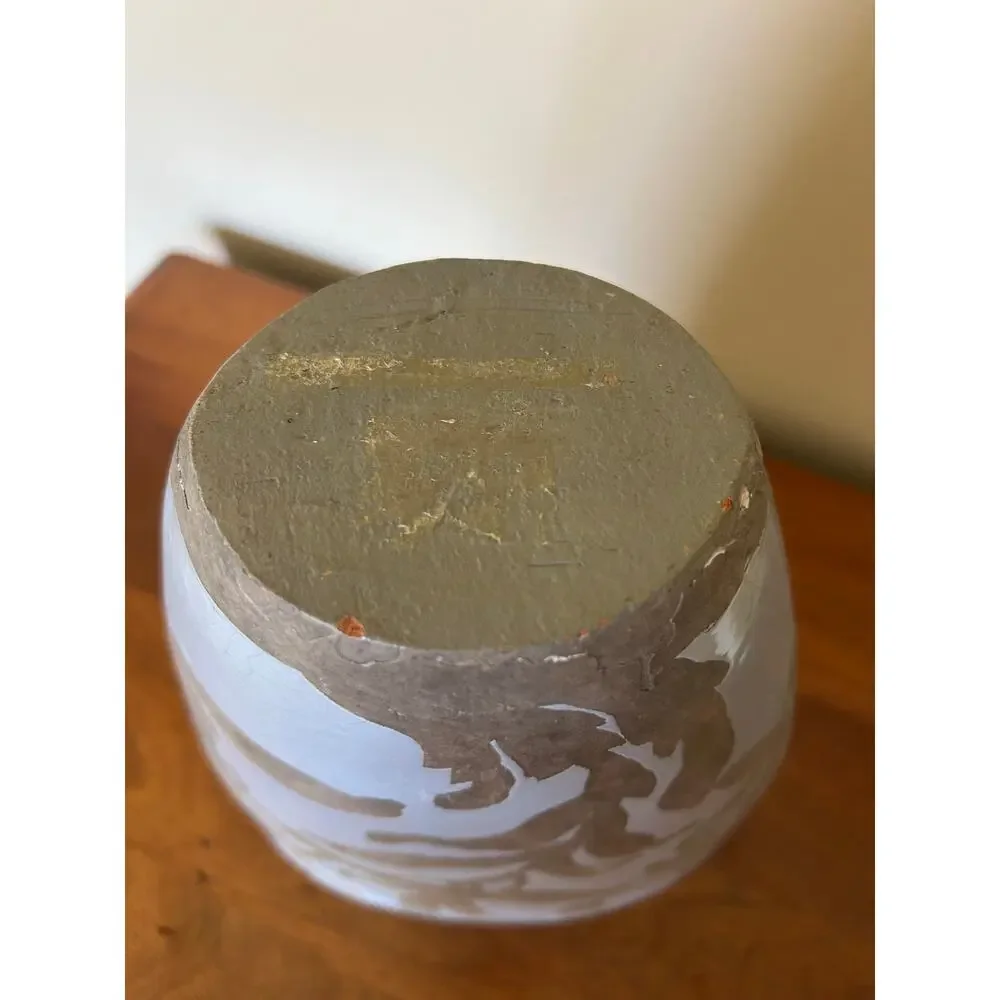 Vintage Sgraffito-style Ceramic Vase Blue Gray Leaf Floral Pattern